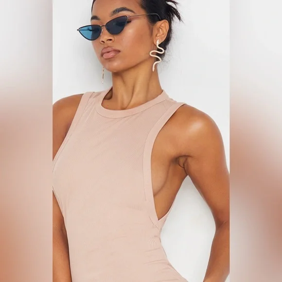 Tan Ribbed Scoop Armhole Bodycon Dress - Picture 2 of 4